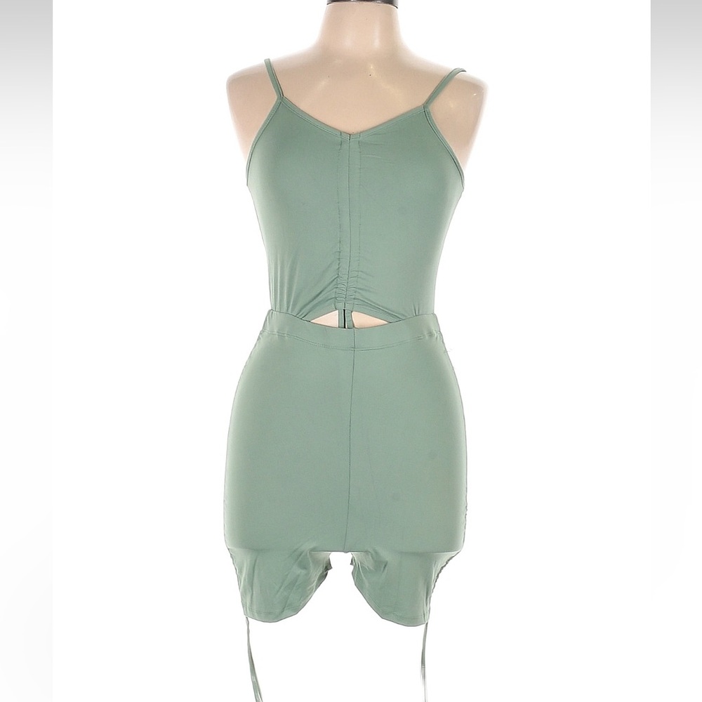 NWT Capella Apparel Women's Sage Green Spaghetti-Strap Romper ruched cut out